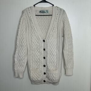 Aran Crafts Ireland Merino Wool Button Front Chunky Knit Cream Cardigan Medium